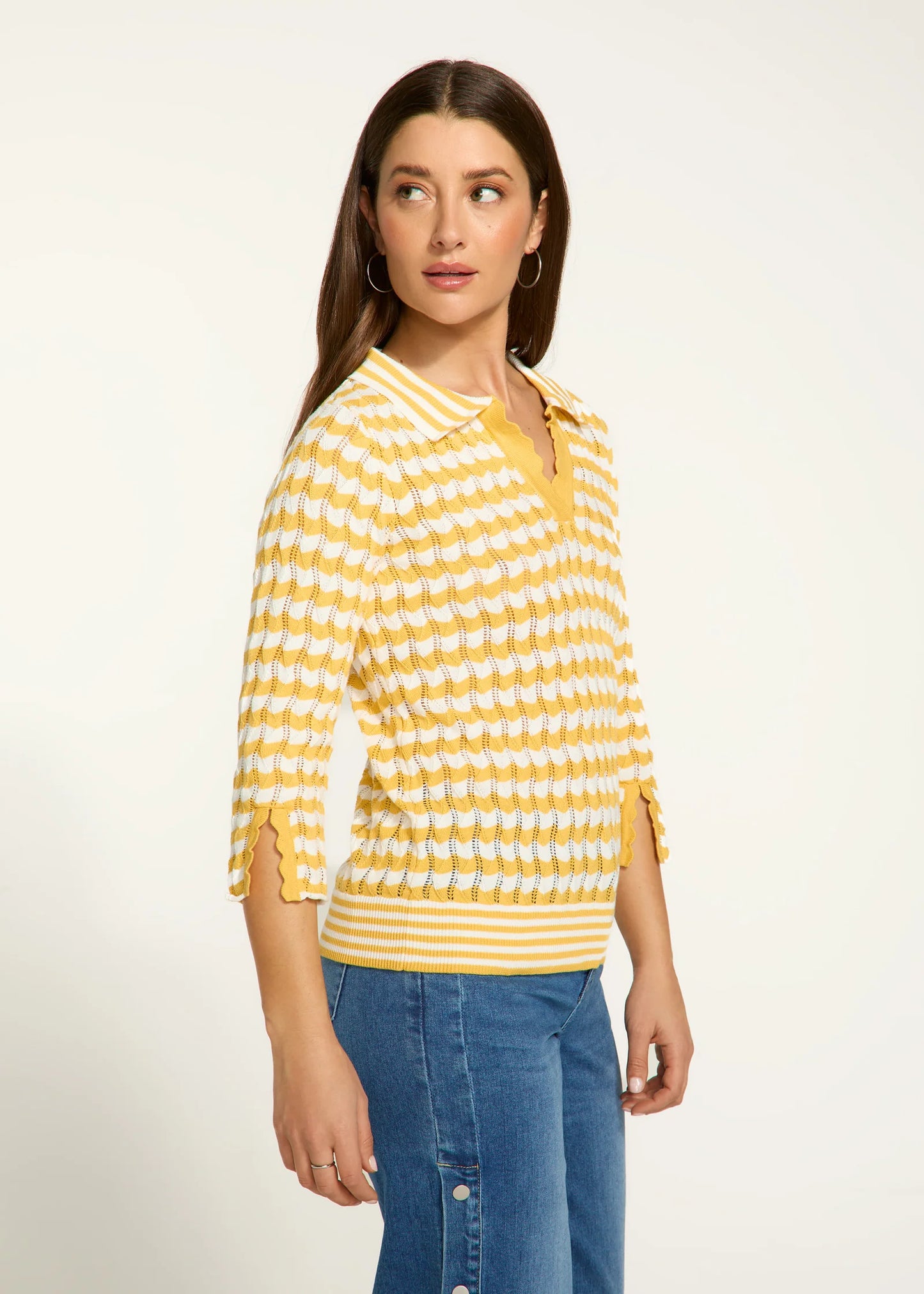 3/4 Sleeve Polo Sweater, Yellow Stripe