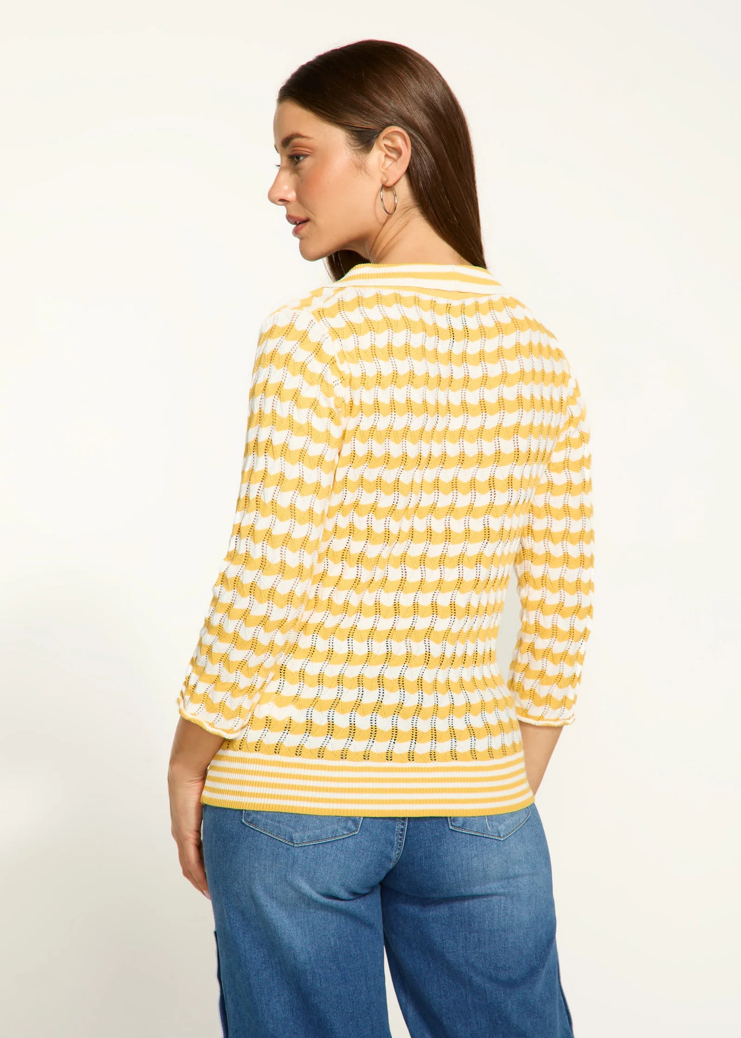 3/4 Sleeve Polo Sweater, Yellow Stripe