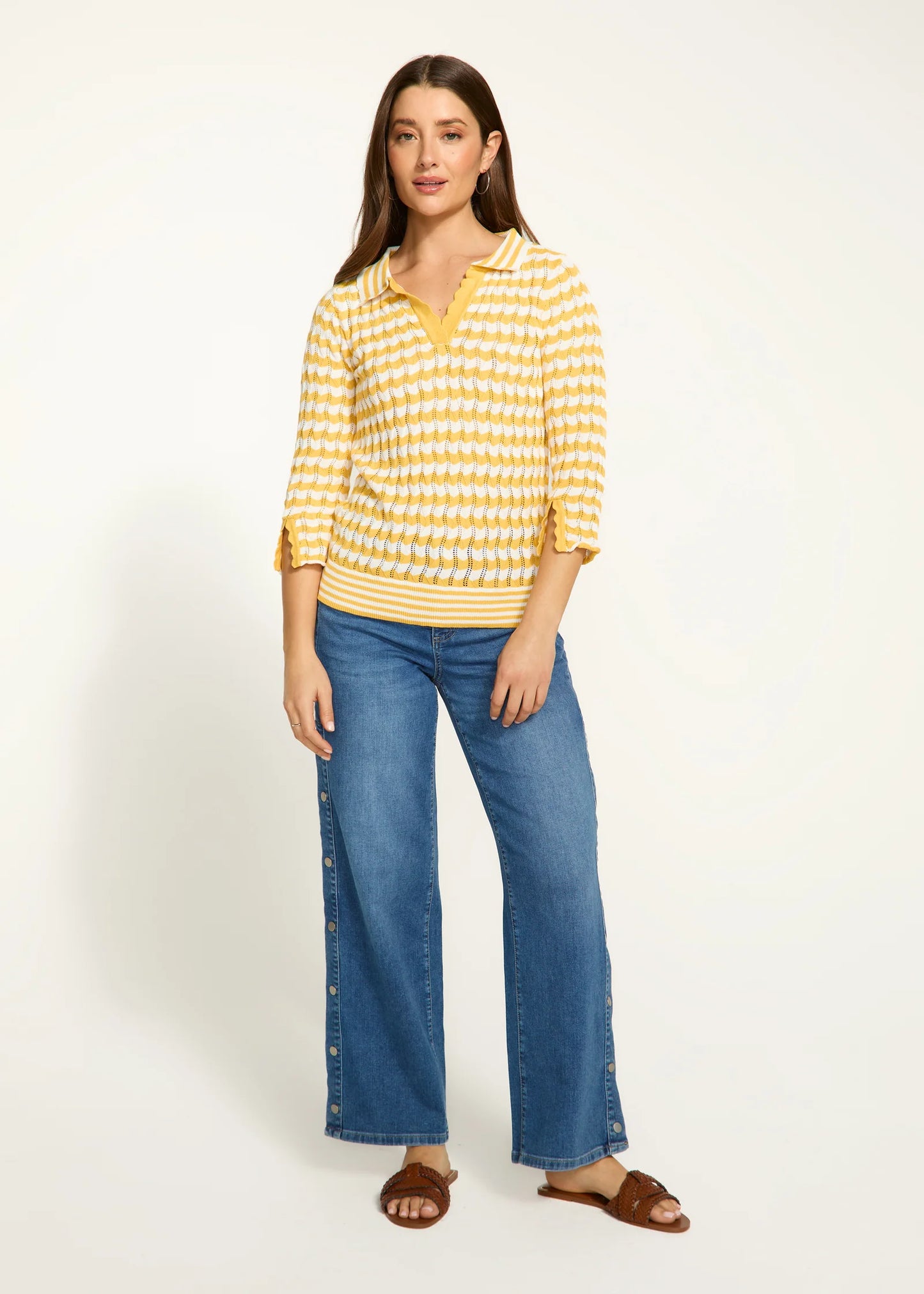 3/4 Sleeve Polo Sweater, Yellow Stripe