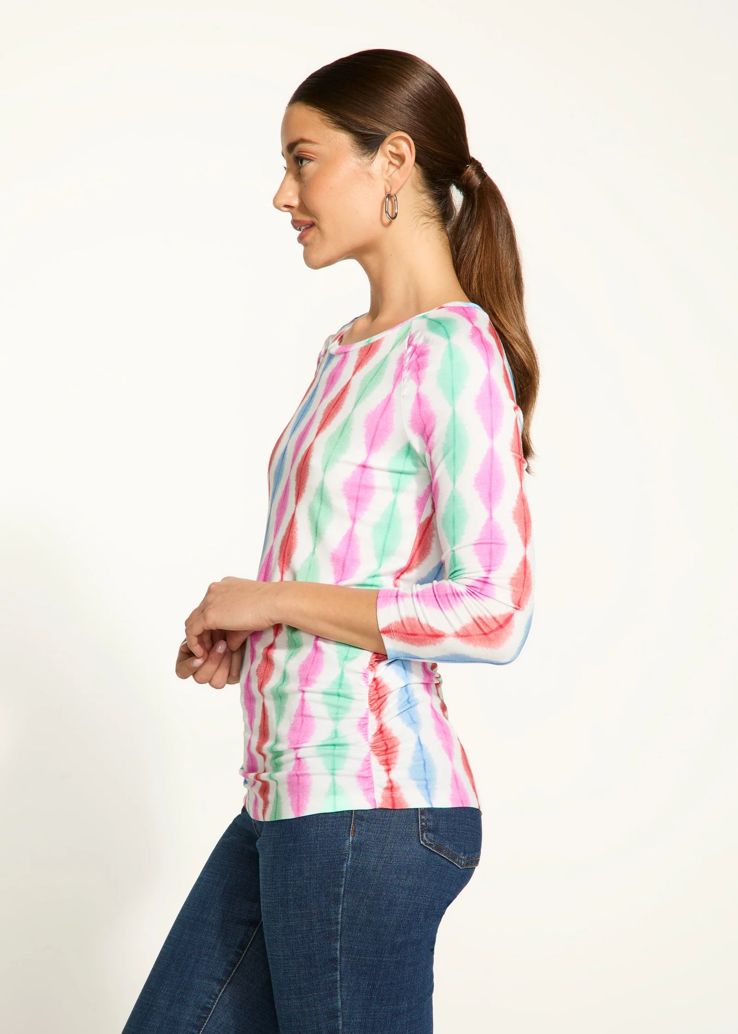 3/4 Sleeve Scoop Neck Top, Coral Wave Stripe 3331756