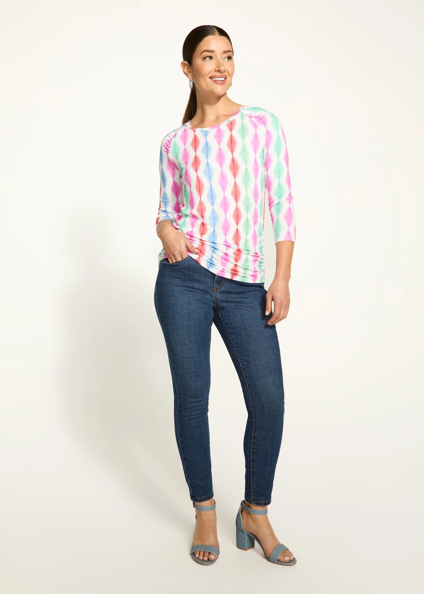 3/4 Sleeve Scoop Neck Top, Coral Wave Stripe 3331756