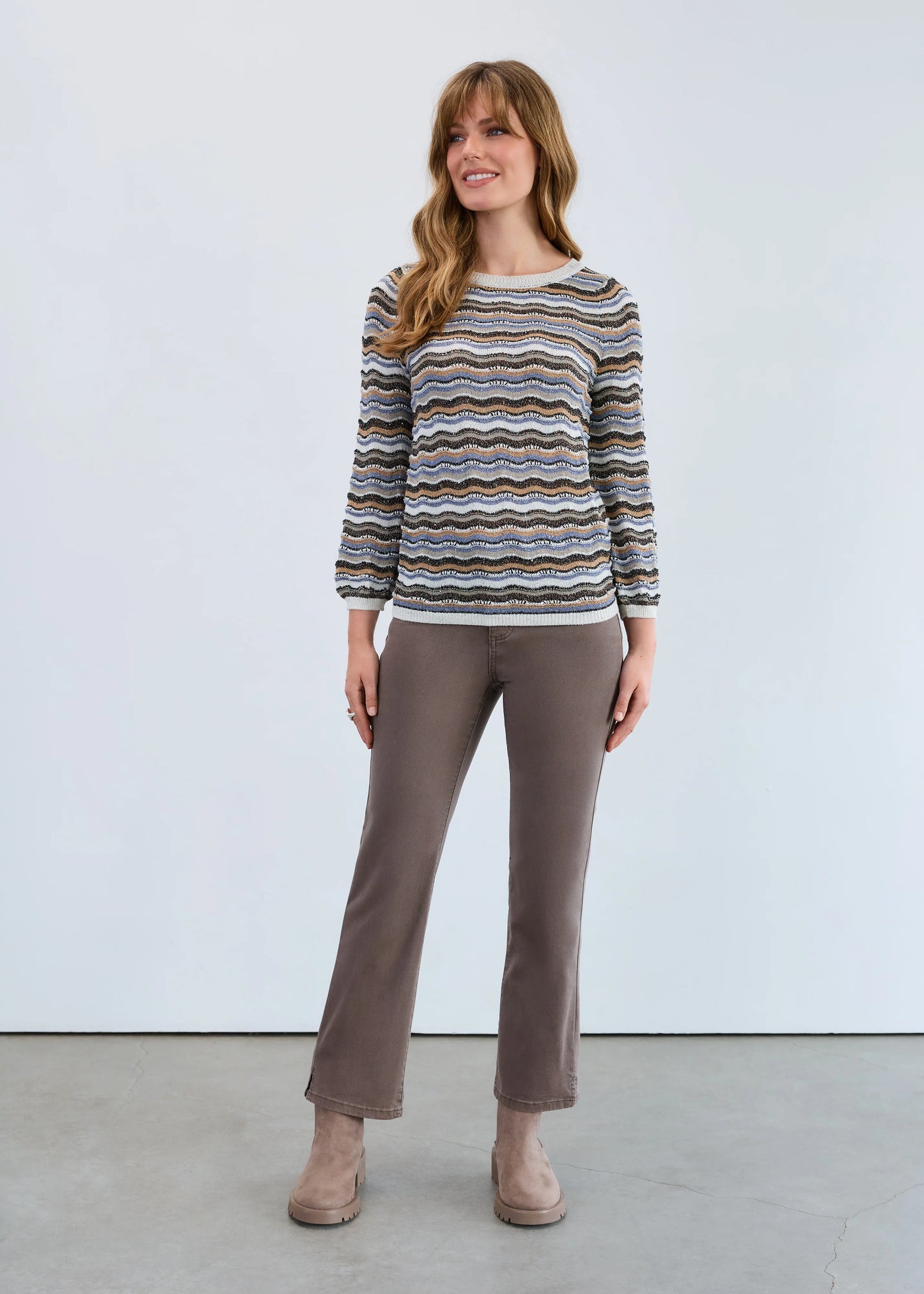 3/4 Sleeve Wave Stitch Sweater, Soho Stripe 1228526