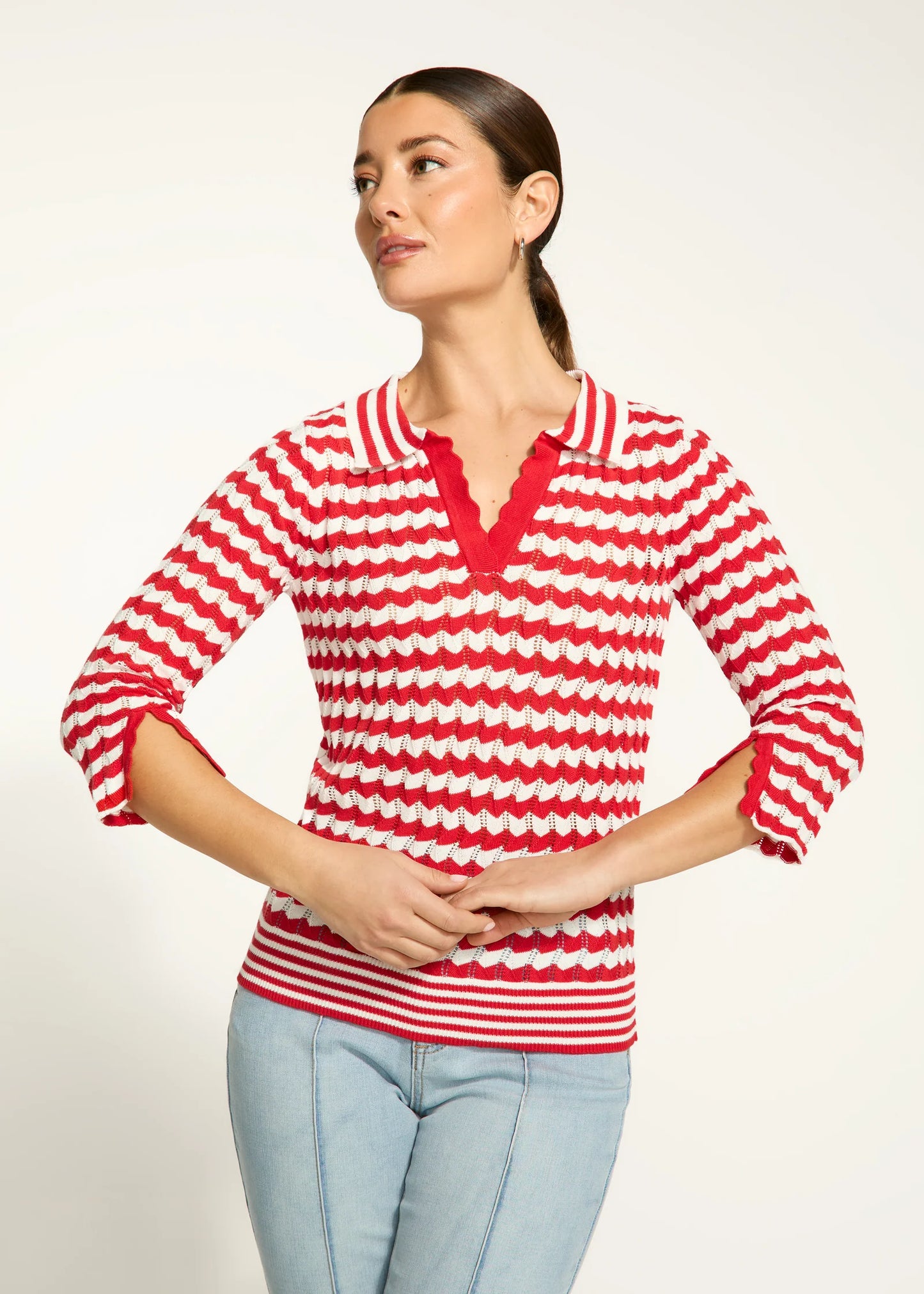 3/4 Sleeve Polo Sweater, Red Stripe