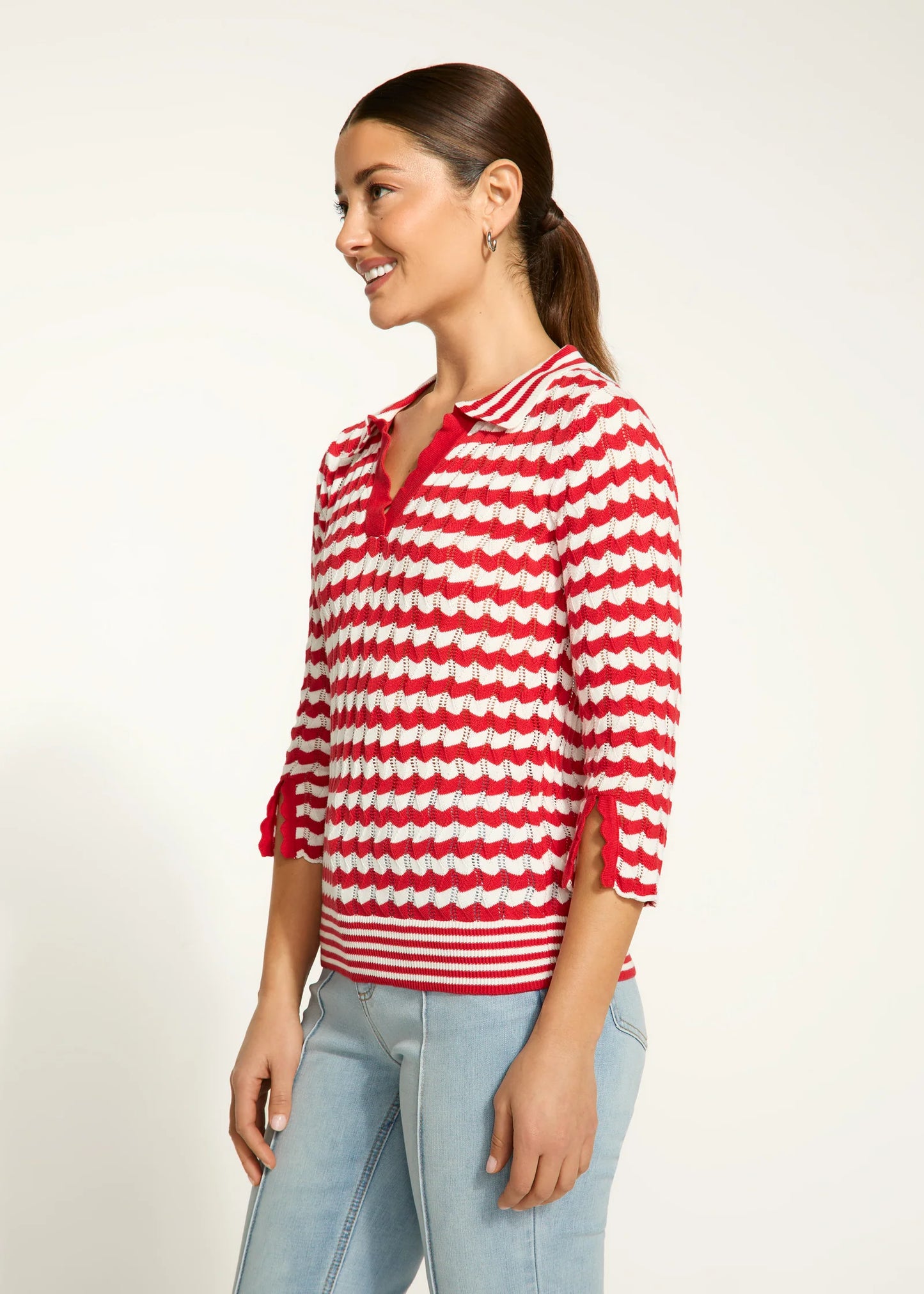 3/4 Sleeve Polo Sweater, Red Stripe