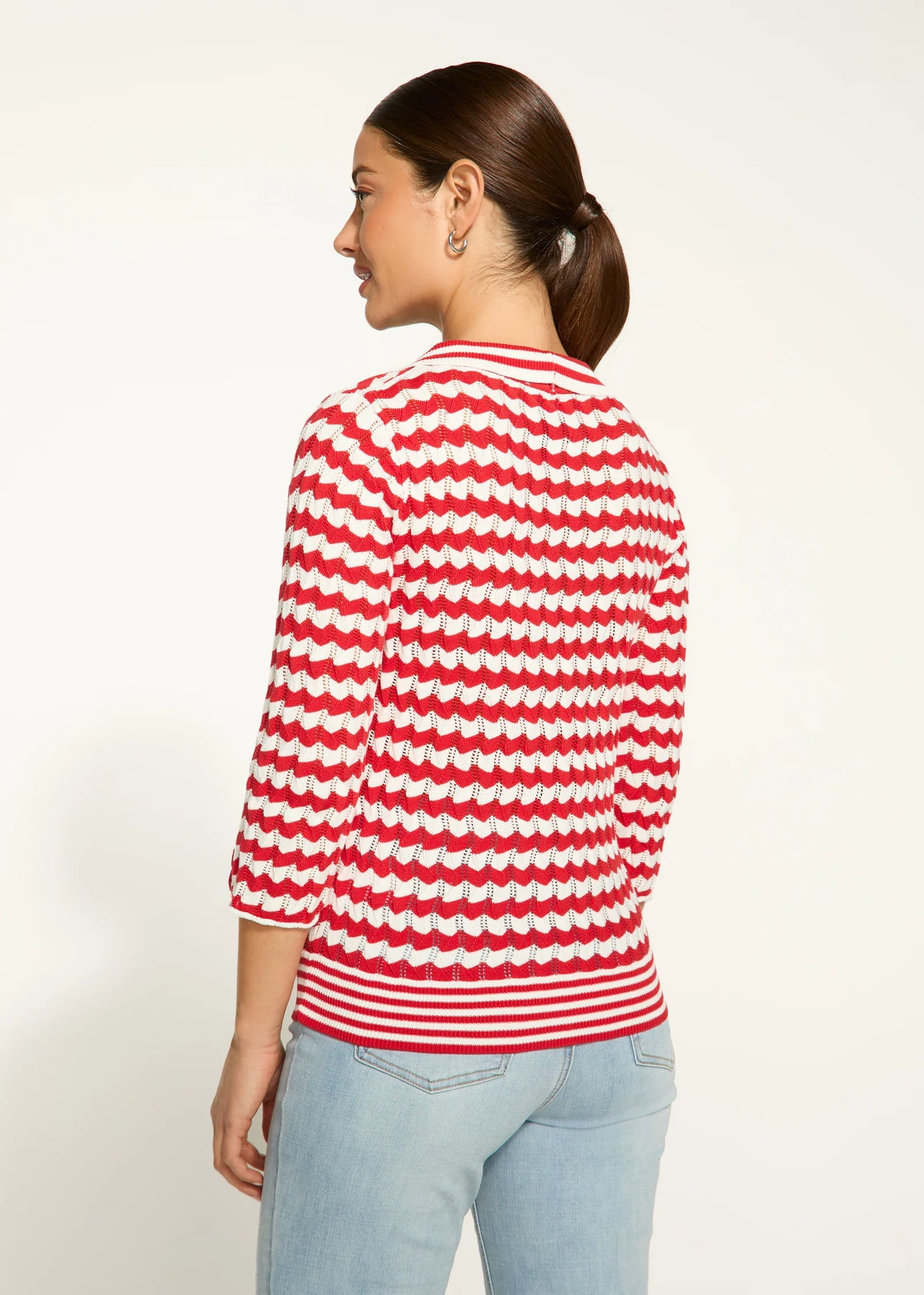 3/4 Sleeve Polo Sweater, Red Stripe