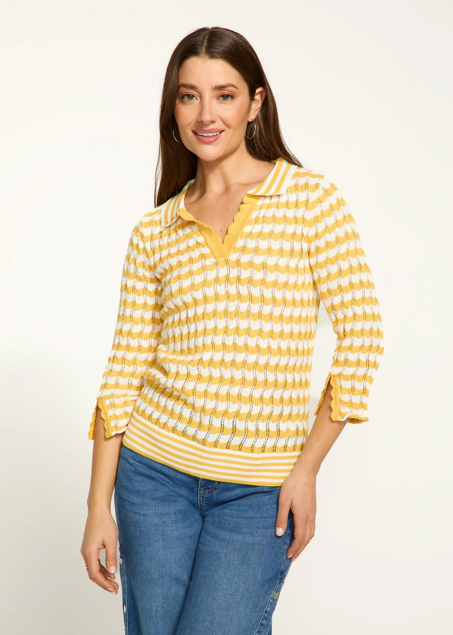 3/4 Sleeve Polo Sweater, Yellow Stripe