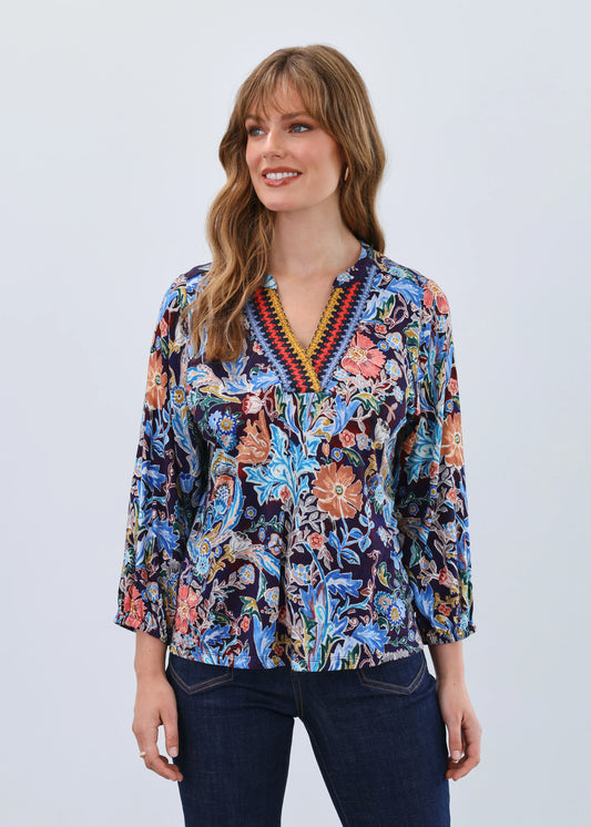 3/4-Sleeve Embellished Neck Top 3188153