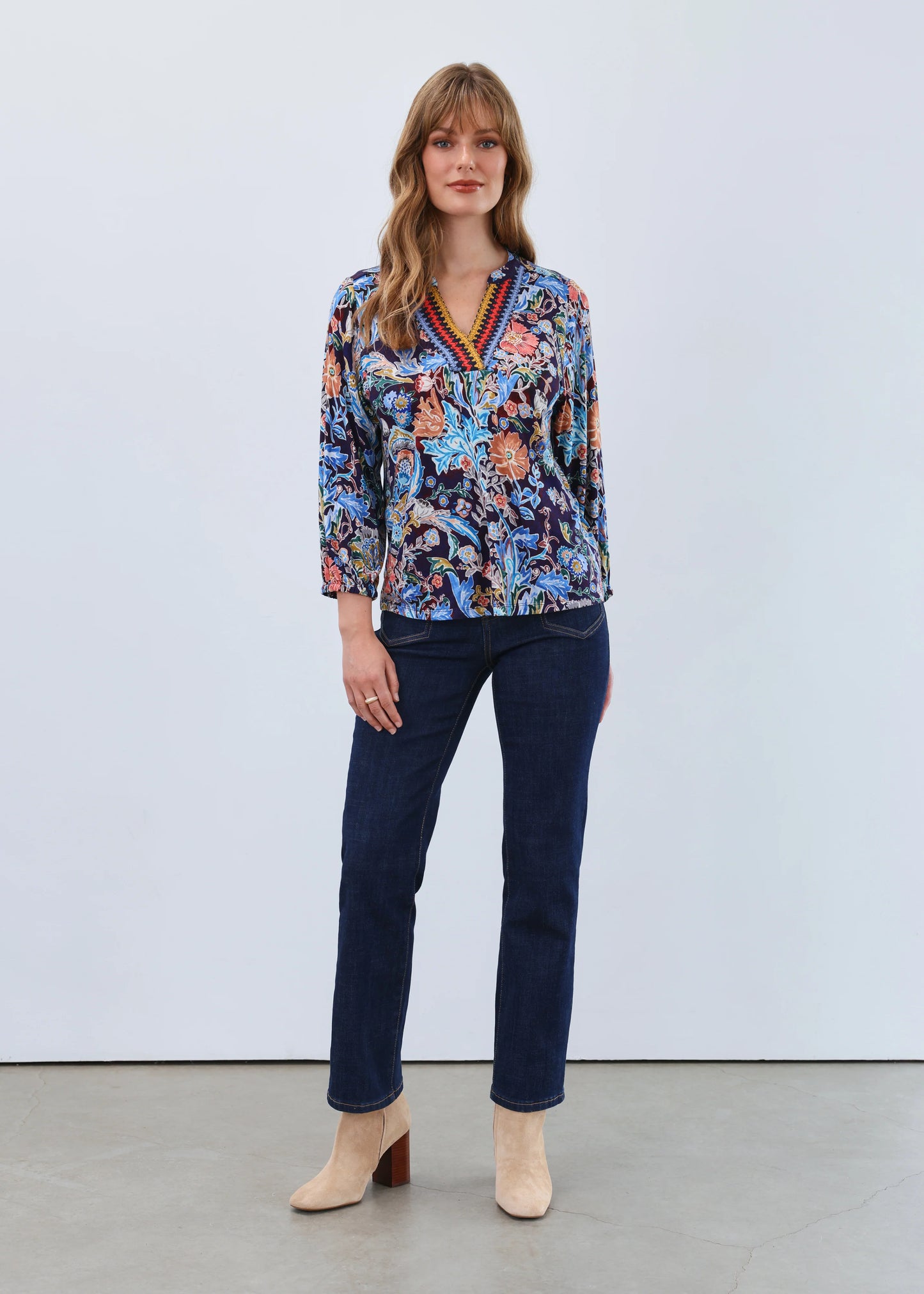 3/4-Sleeve Embellished Neck Top 3188153