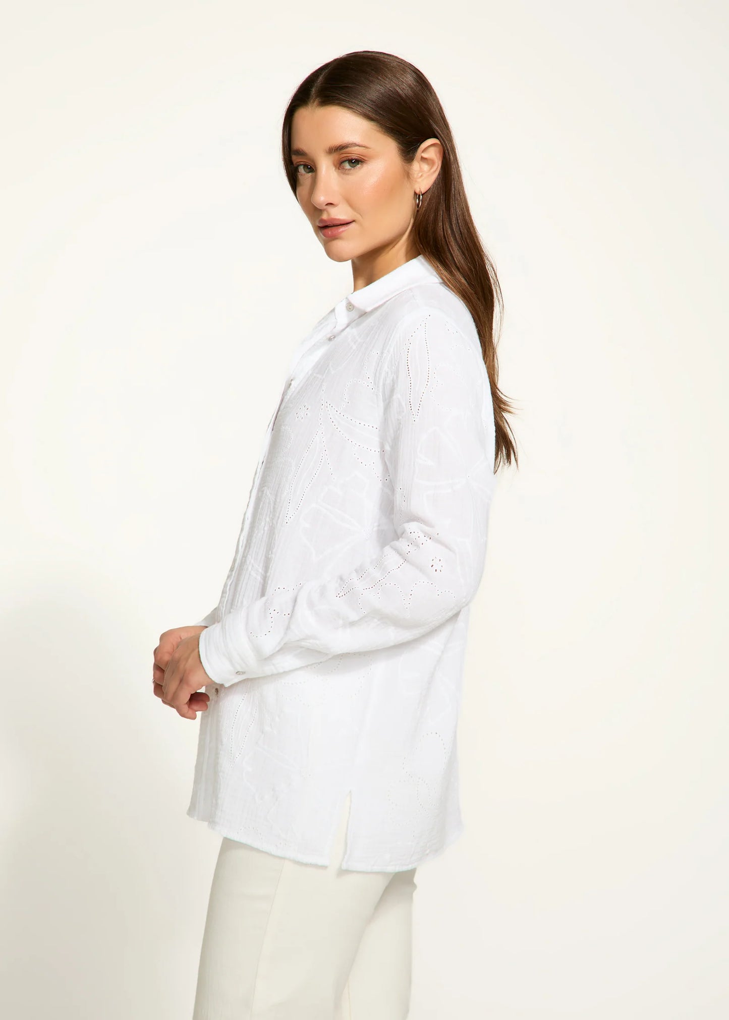 Long Sleeve Eyelet Tunic, Ivory - 7359797