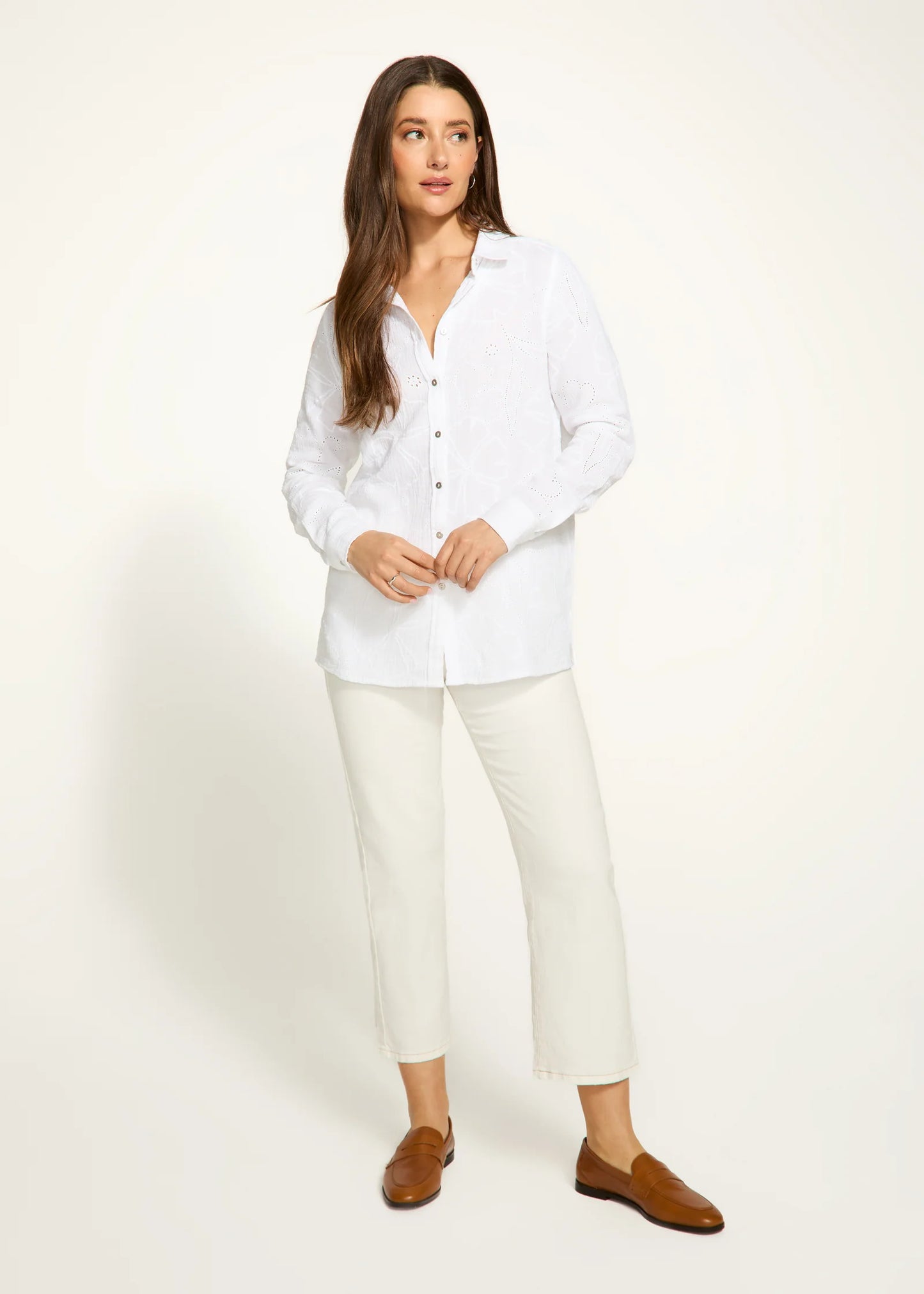 Long Sleeve Eyelet Tunic, Ivory - 7359797